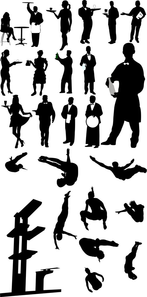 Free Style Diving and Waiters - Vector People Silhouettes S.56 